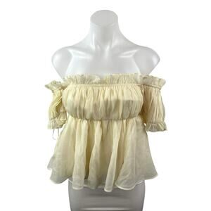 Lush Womens Cream Tulle Sheer Short Sleeve Off Shoulder Crop Peplum Blouse Top S